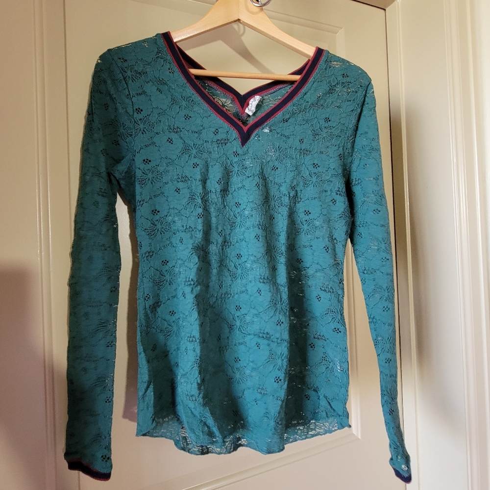 Free People V Neck Longsleeve Lace Top- Green XS